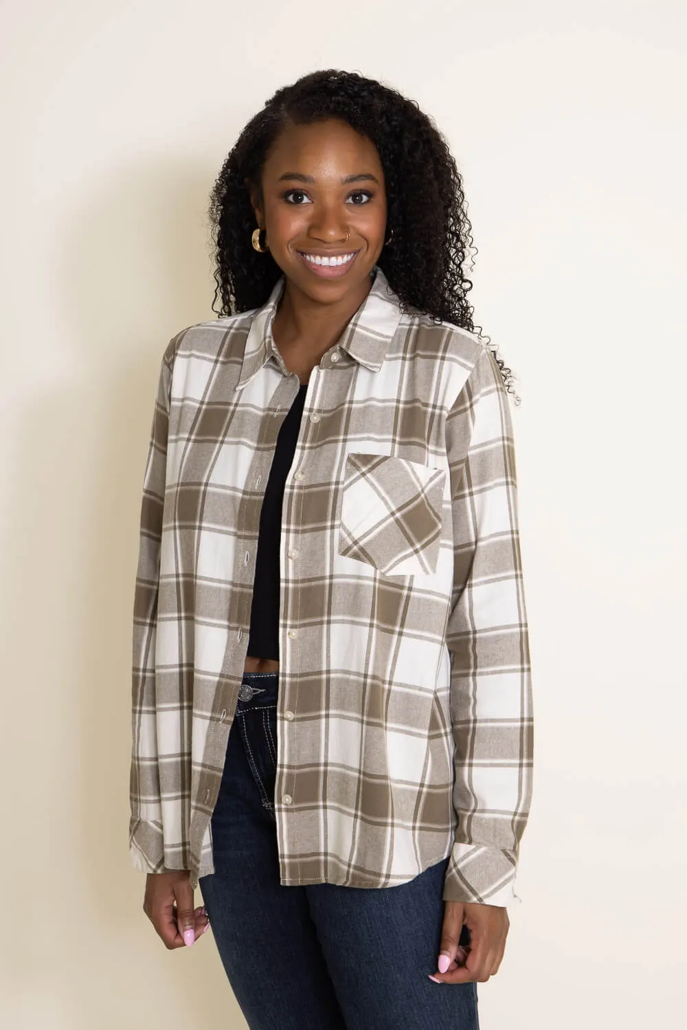 Thread & Supply Flannel Plaid Shirt for Women in White and Sage Green | T2543CFGK-CAPEGRN