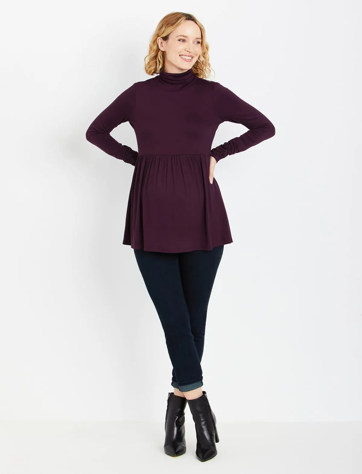Turtleneck Peplum Maternity Top in Dark Purple