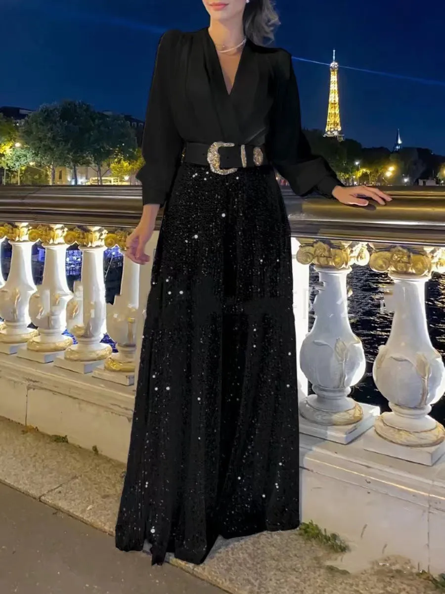 V-neck Long Sleeve Shirt Sequined Wide-leg Pants
