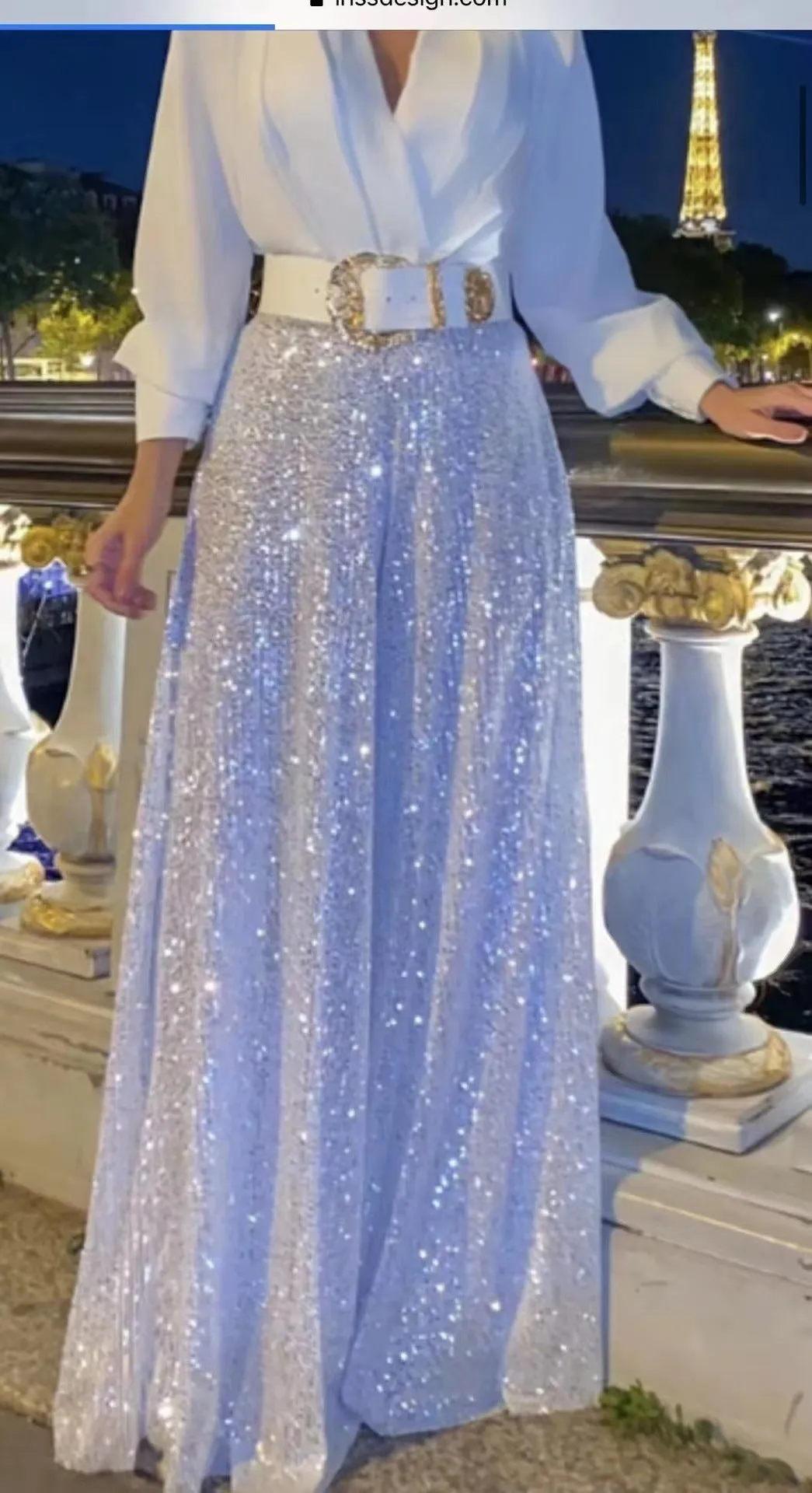 V-neck Long Sleeve Shirt Sequined Wide-leg Pants