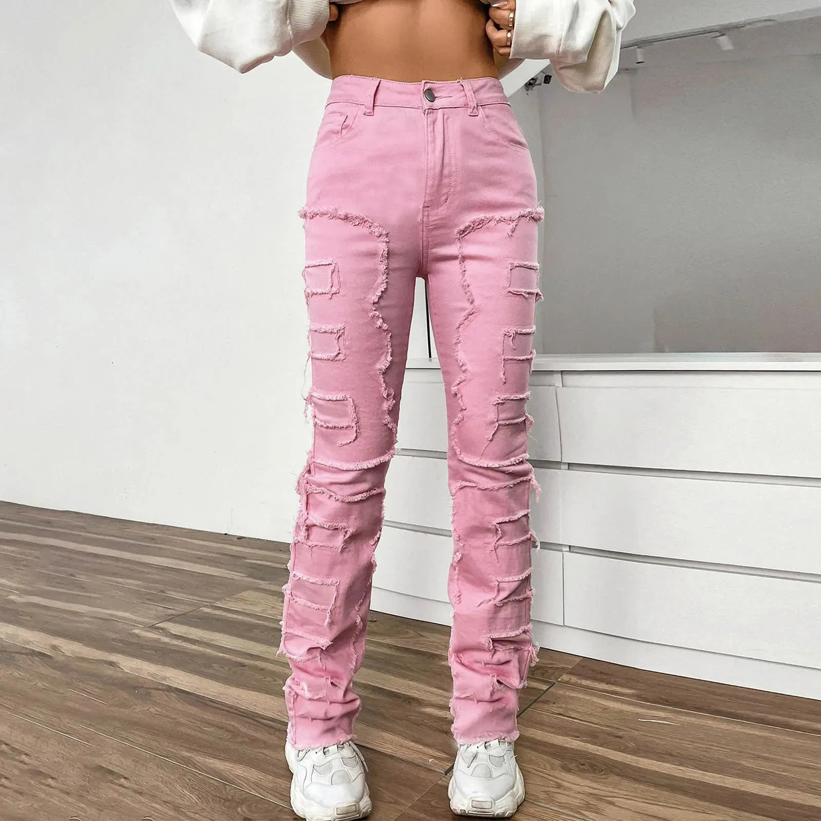 Vintage Patch Embroidered Denim Stacked Jeans