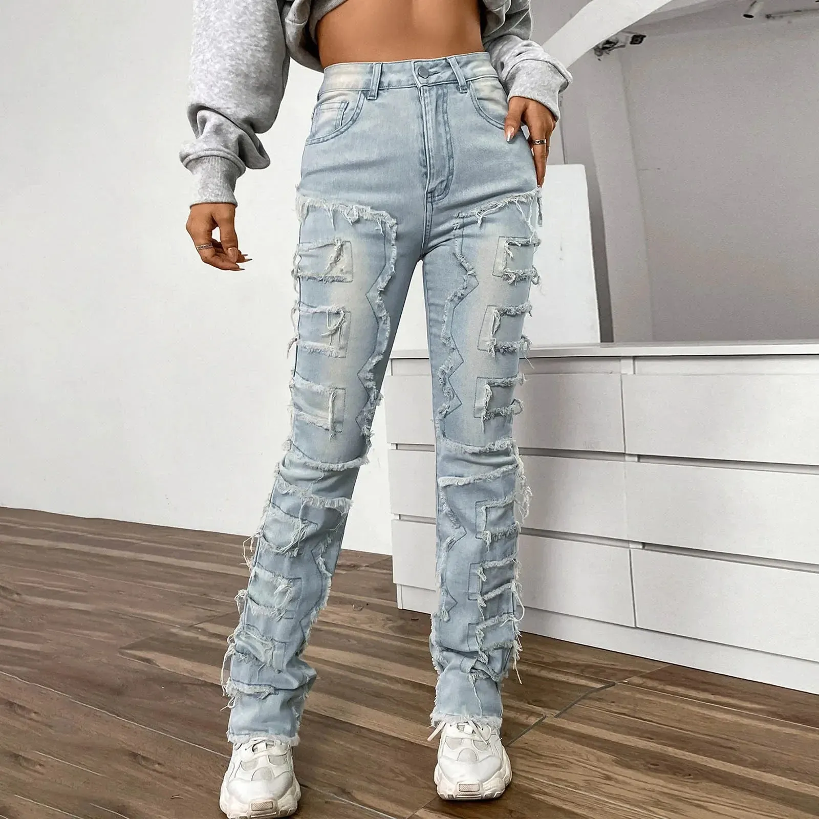 Vintage Patch Embroidered Denim Stacked Jeans