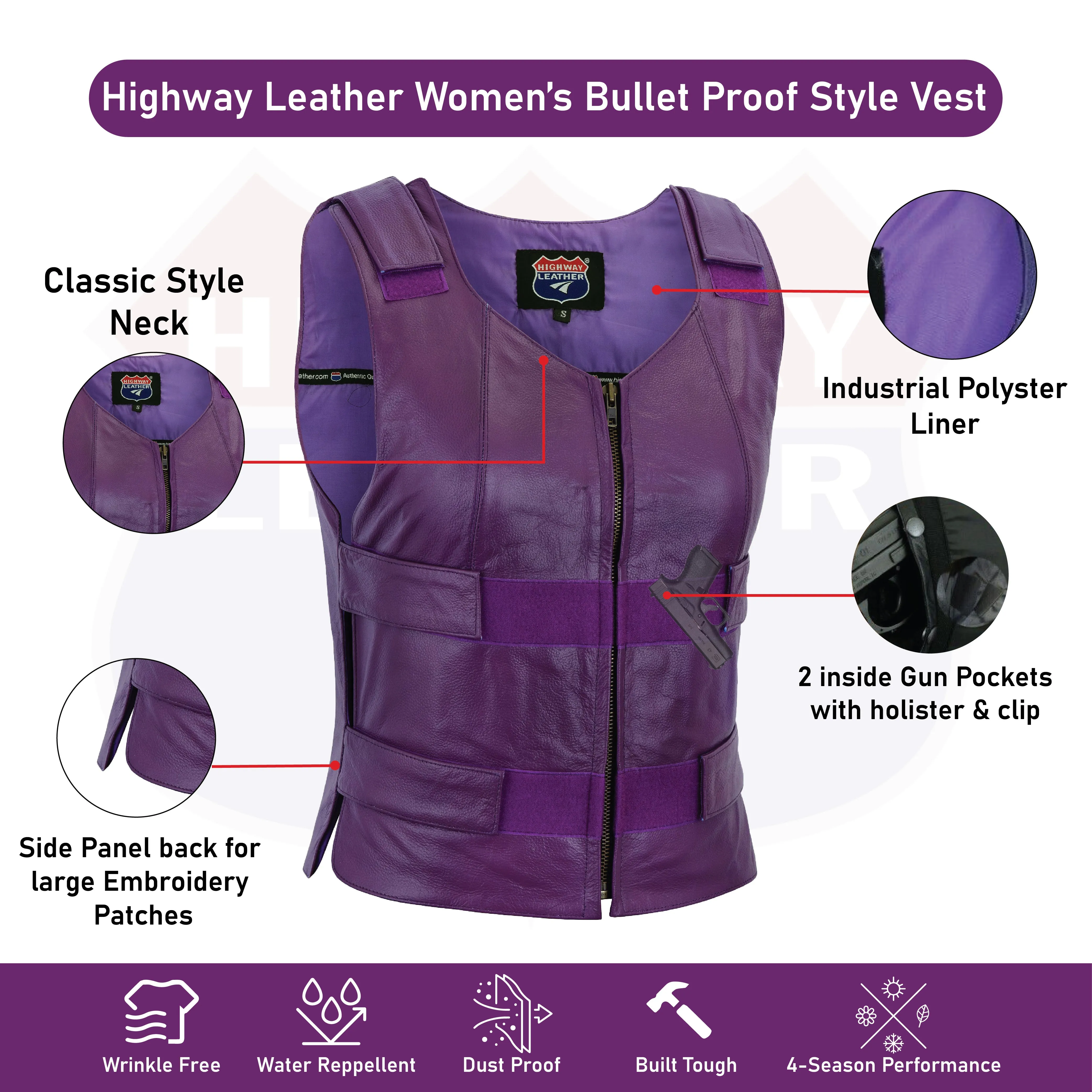 WOMEN PURPLE BULLET PROOF LEATHER VEST - PURPLE Shade # 53