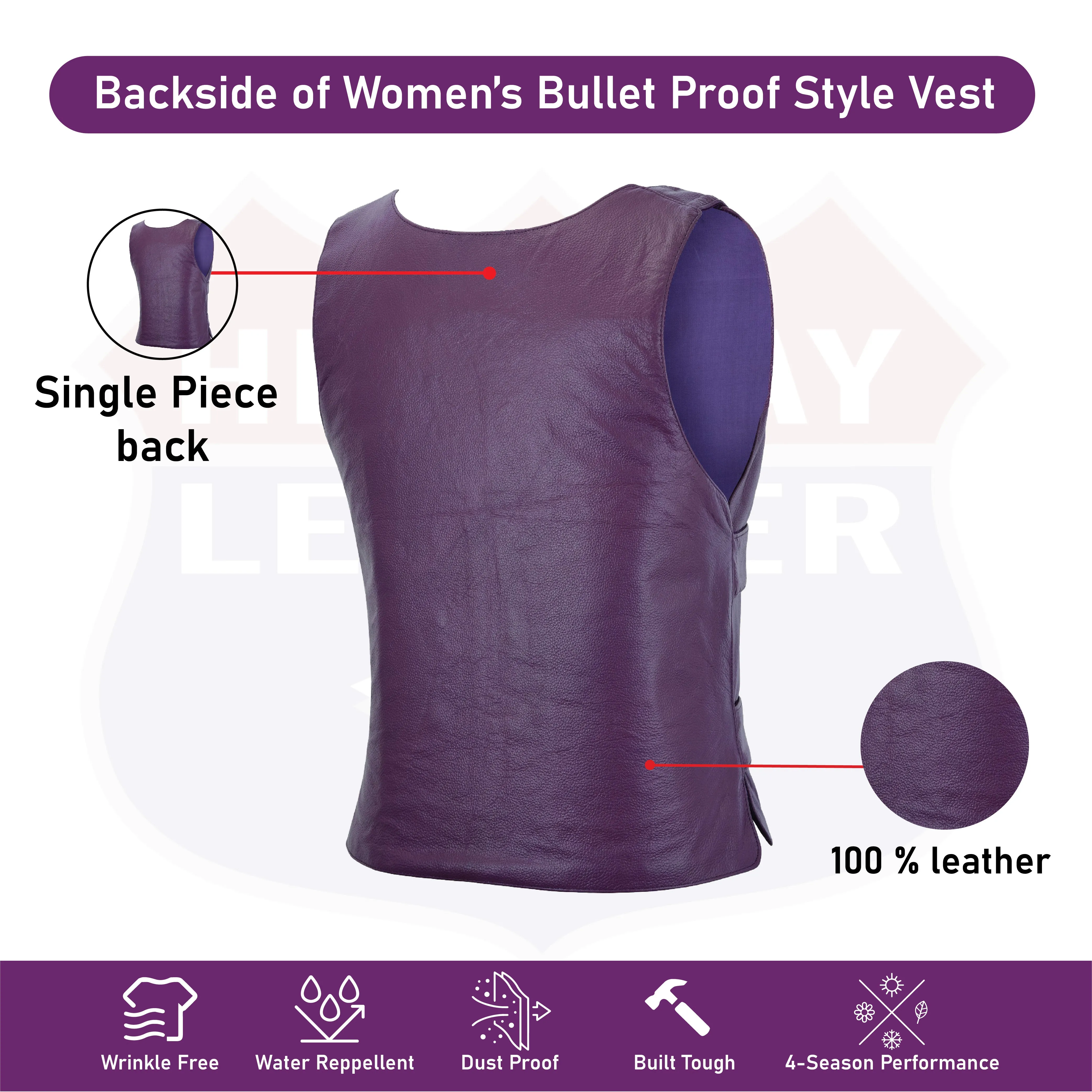 WOMEN PURPLE BULLET PROOF LEATHER VEST - PURPLE Shade # 53